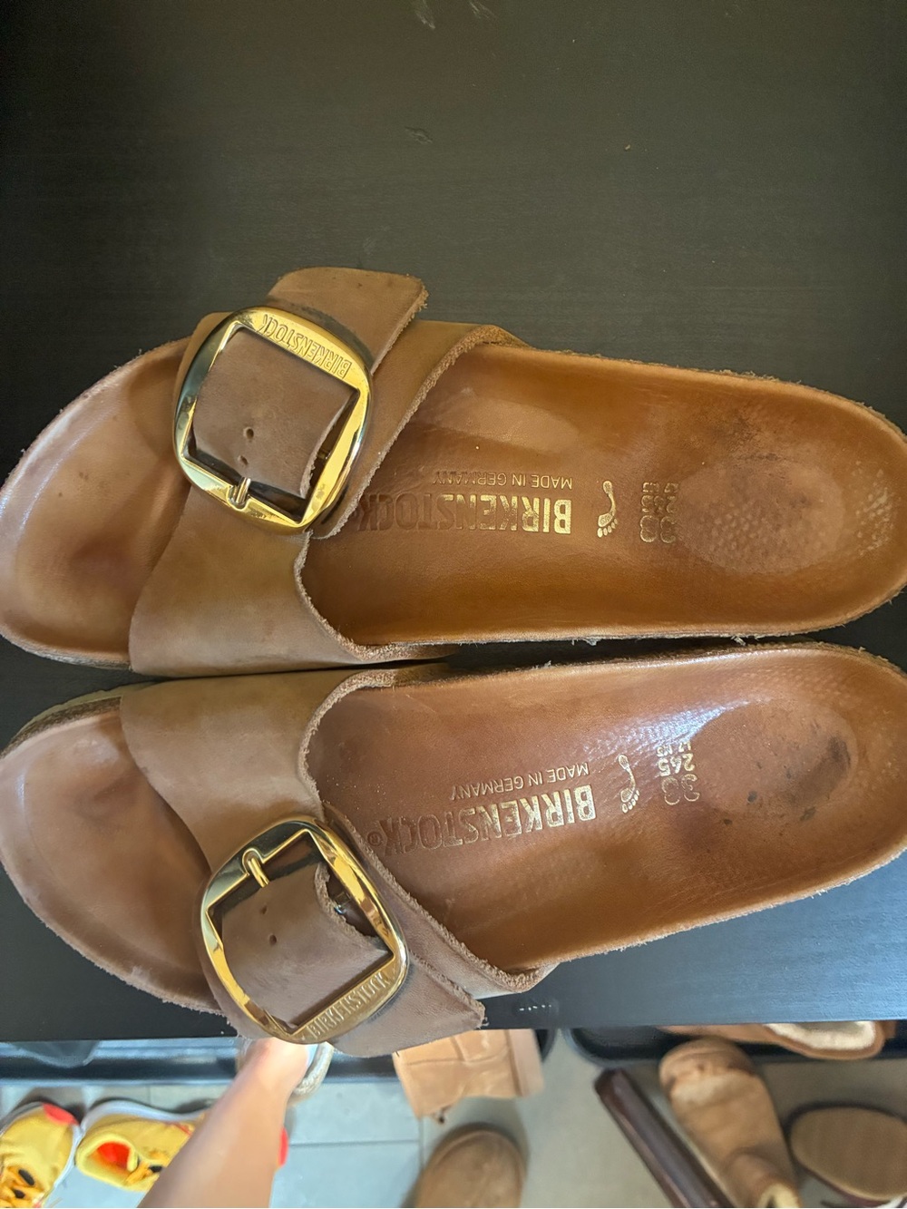 Birkenstock Brown Leather Single-Buckle Slide Sandals with Gold Buckles